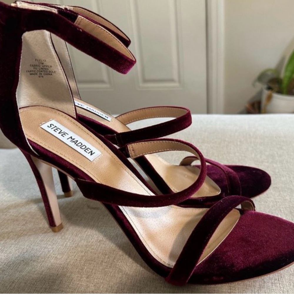 Steve Madden Burgundy Velvet Strappy Stiletto Heels